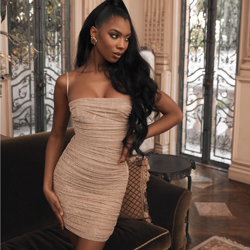 House of CB ‘Ella’ Metallic Gold Ruched Organza Mesh Mini Dress NWT